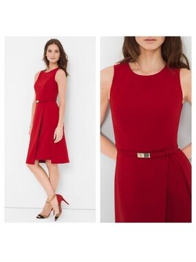 White House Black Market Red Sleeveless Fit-and-Flare Midi Dress with Slim Belt